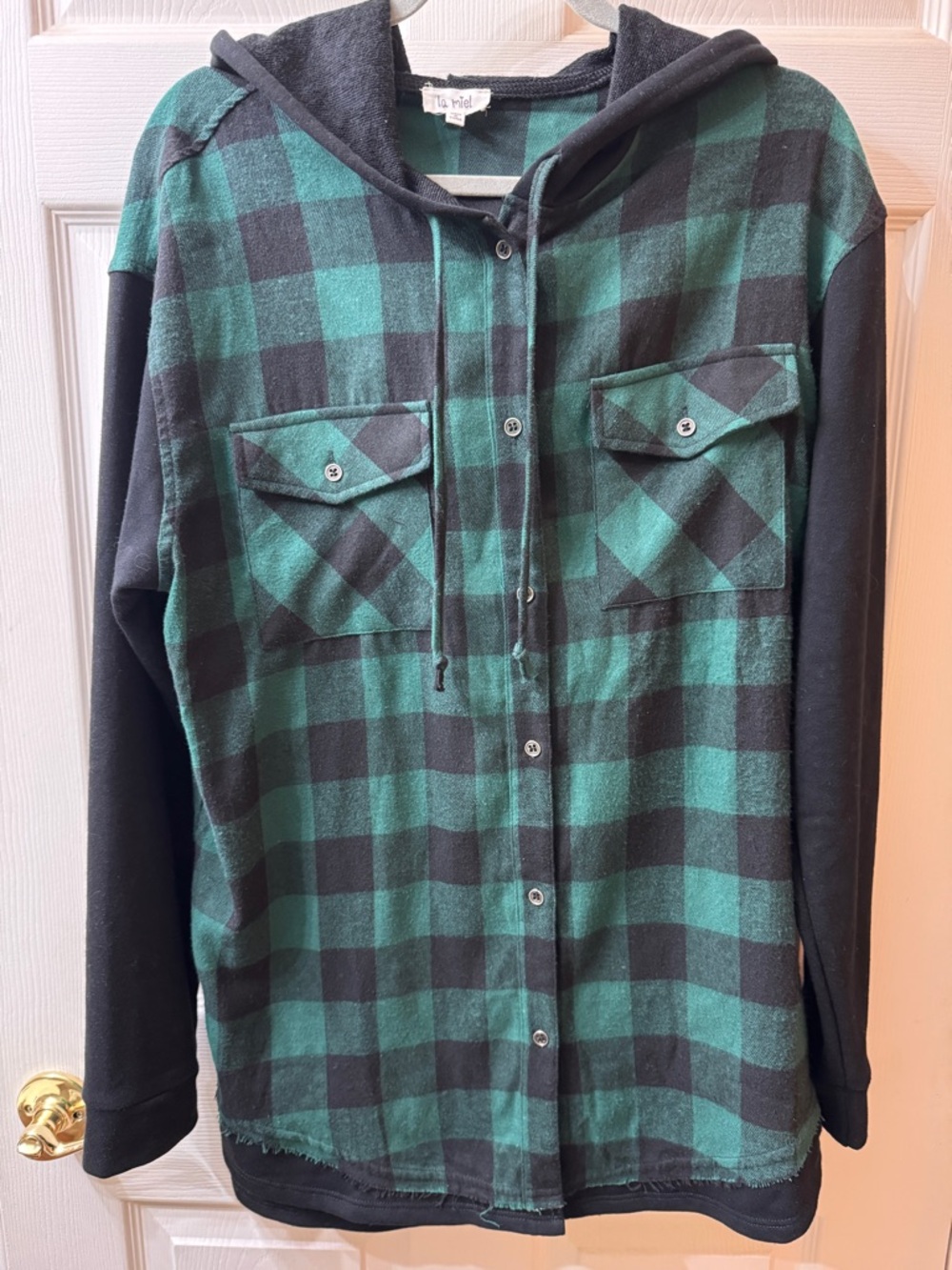 LA MIEL Green and Black Plaid Hooded Shirt Jacket